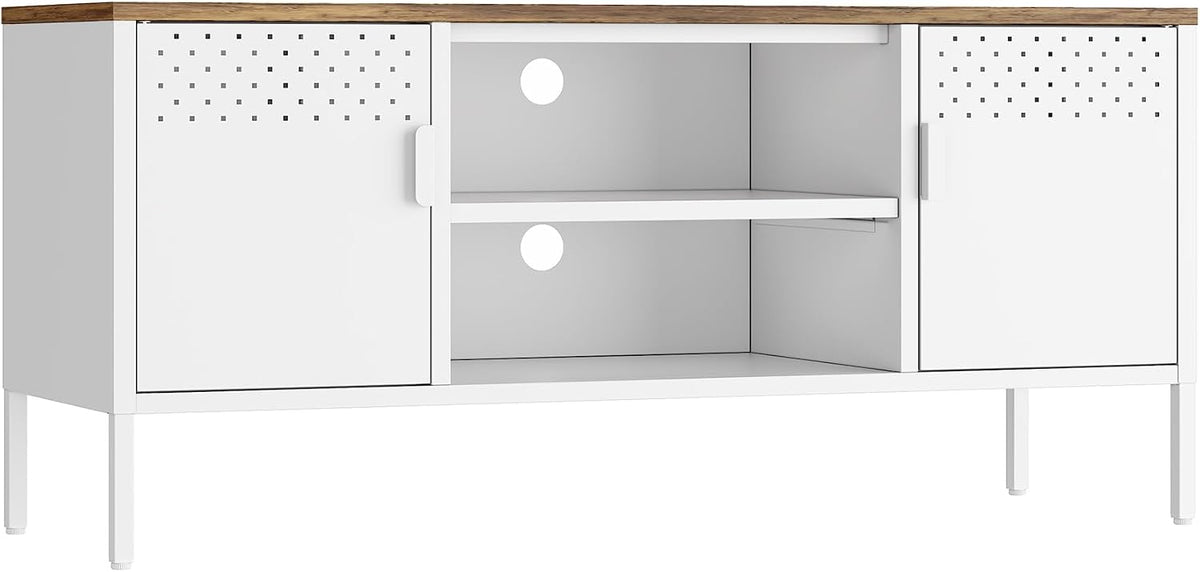 Manhattan Comfort Landen 47" Modern Metal TV Stand with Storage Cabinets & Open Shelves, Holds Up to 40" Screen, TV Console with Natural Wood Top, Cable Management, Adjustable Legs, White