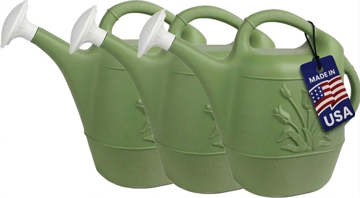 PMU 2 Gallon Watering Can - Garden Watering Can for Indoor & Outdoor Plants - Plastic Water Can with Detachable Sprinkler Head - Large Water Pot, Made in USA - Sage Green Pkg/3