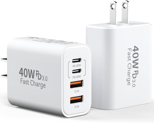 USB C Charger Block, Multiple Ports Type C Fast Phone Charging Blocks, 40W 4-Ports Power Cube USB Wall Plug USB A+USBC Charger Brick Box for iPhone 17/16/15/14/13/12 Pro Max, iPad, Galaxy, Pixel,2Pack