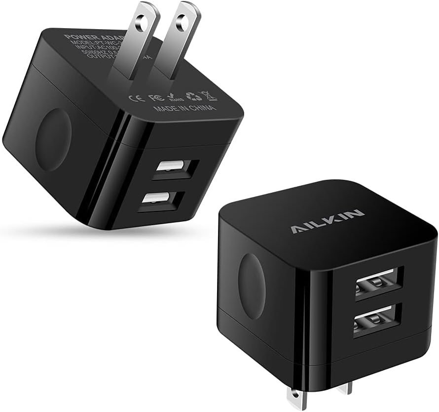 2Pack USB Wall Charger Plug, AILKIN 2.4A Dual Port USB Adapter Power Cube Fast Charging Station Box Base for iPhone 17 16 15 14 13 12 Pro Max SE 11 XR XS, Samsung, Phones Charge Block-White Brick