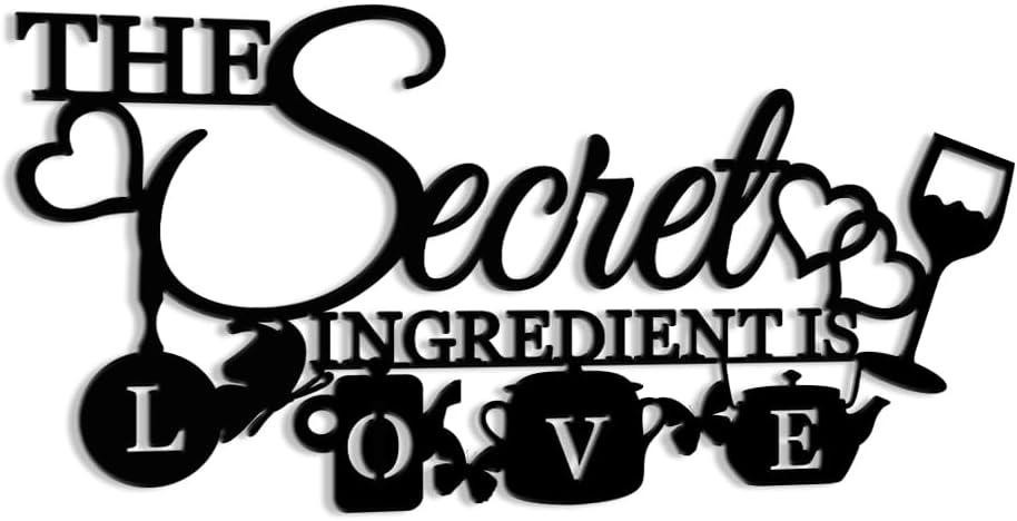 XORT The Secret Ingredient is Love Metal Wall Art Sign, Farmhouse Dining Room Kitchen Wall Decor Housewarming Gift Counter Pantry Sign. (Black -16 x 8 inch)