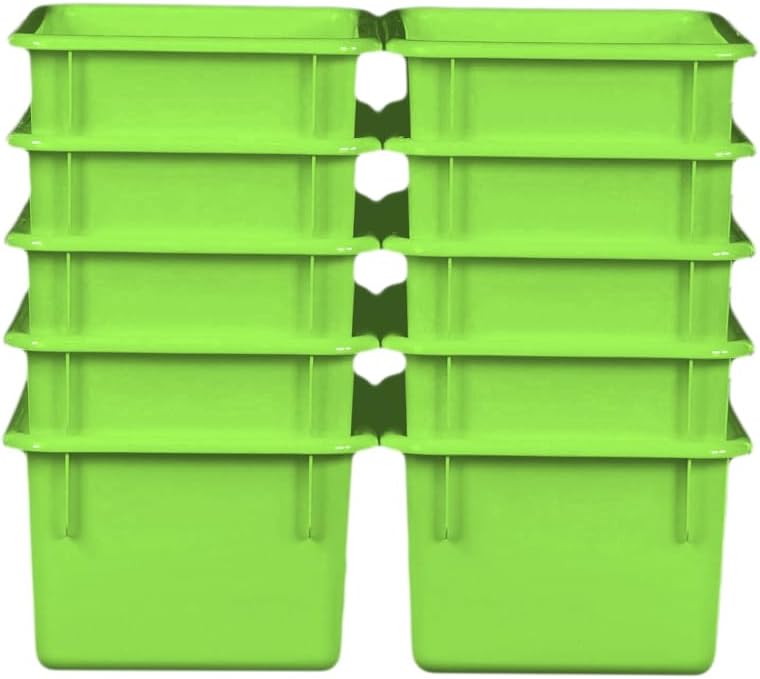 Wood Designs Cubby Storage Bin, Heavy Duty Plastic Containers for Kids Lime Green Cubby Tray Set of 10