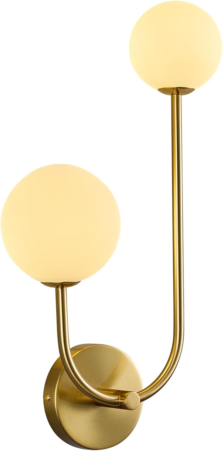 Milk Glass Wall Sconce Gold Wall Sconces Mid Century Modern Sconces Wall Lighting 2 Light Globe Sconce for Bedroom Living Room Hallway Wall Light Fixtures