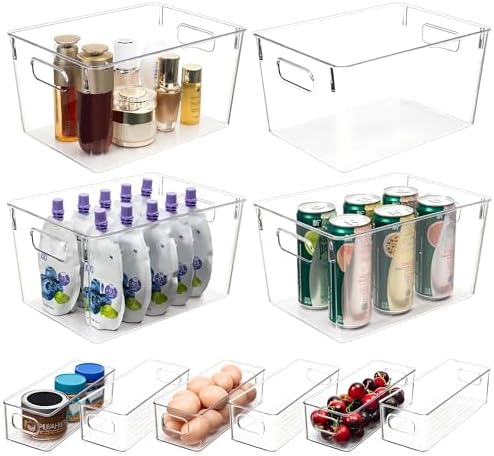 Tiawudi Set of 10 Clear Plastic Storage Bins, 4 Large and 6 Small Stackable Storage Containers for Pantry Organization, Organizer Bins for Home, Kitchen, Bathroom, Office, Cabinet Shelf Organizers