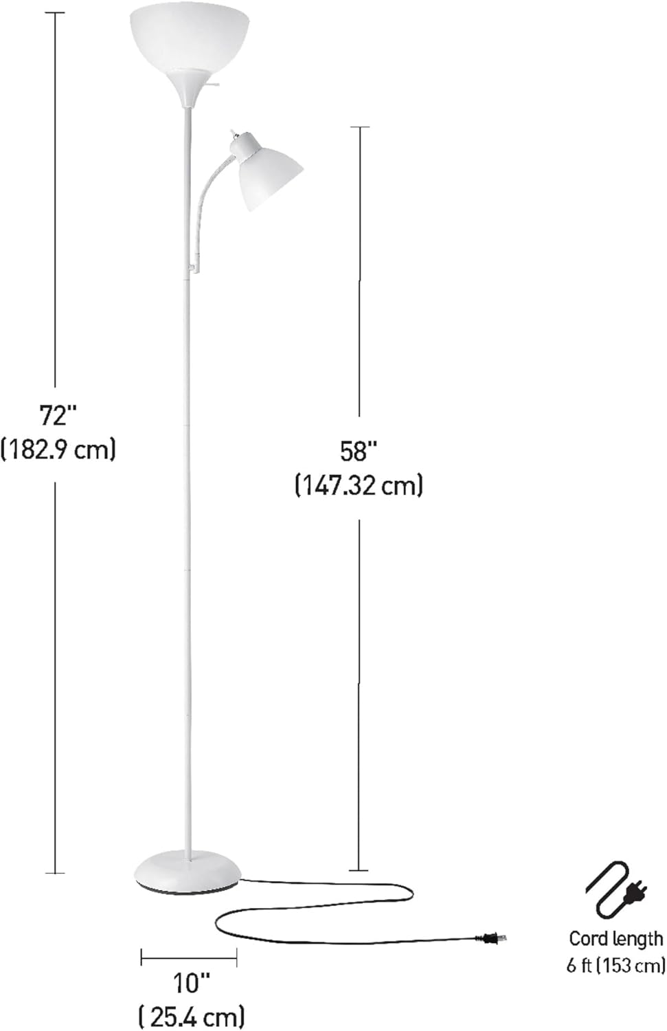 Globe Electric 67136 72" Torchiere Floor Lamp with Adjustable Reading Light, Matte White Finish, Frosted Shades, Rotary Switch on Socket, E26 Base