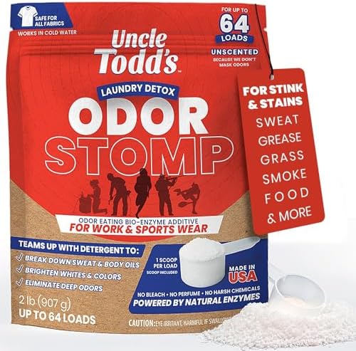 Uncle Todd’s Bio Enzyme Laundry Booster - 2 lb (64 Loads) Odor Stomp Laundry Sanitizer Additive - Clothes Stain Remover - Removes Sweat, Body Odor & Tough Stains - Fragrance Free, Works in Cold Water