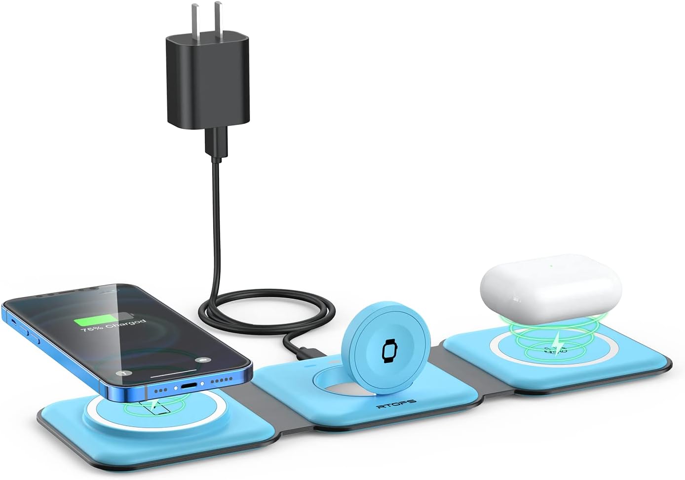 Wireless Charger 3 in 1,RTOPS Magnetic Traval Wireless Charging Station Multiple Devices,GaN 3 in 1 Charging Station,Compatible iphone17/16/15/14/13/Pro/Max,iWatch,AirPods4/3/2/Pro(Adapter Includes)