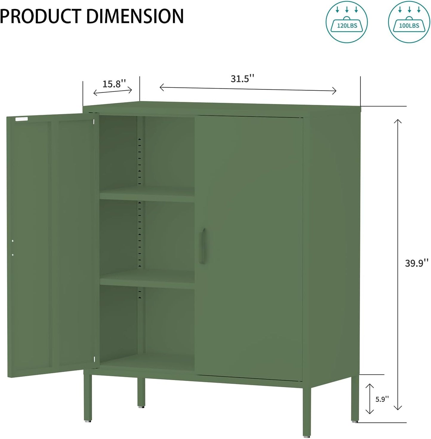 Metal Locker Storage Cabinet, Accent Sideboard Cabinet with Adjustable Shelves for Home Office, Garage, Kitchen, Living Room (Green, 40" H-Metal Doors)