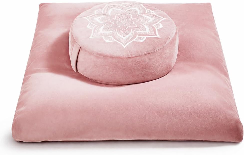 Meditation Cushion Set Zafu & Zabuton – Buckwheat Hull & Memory Foam, Adjustable Floor Pillow for Yoga, Meditation & Sitting, Removable Velvet Cover (Classic Black)