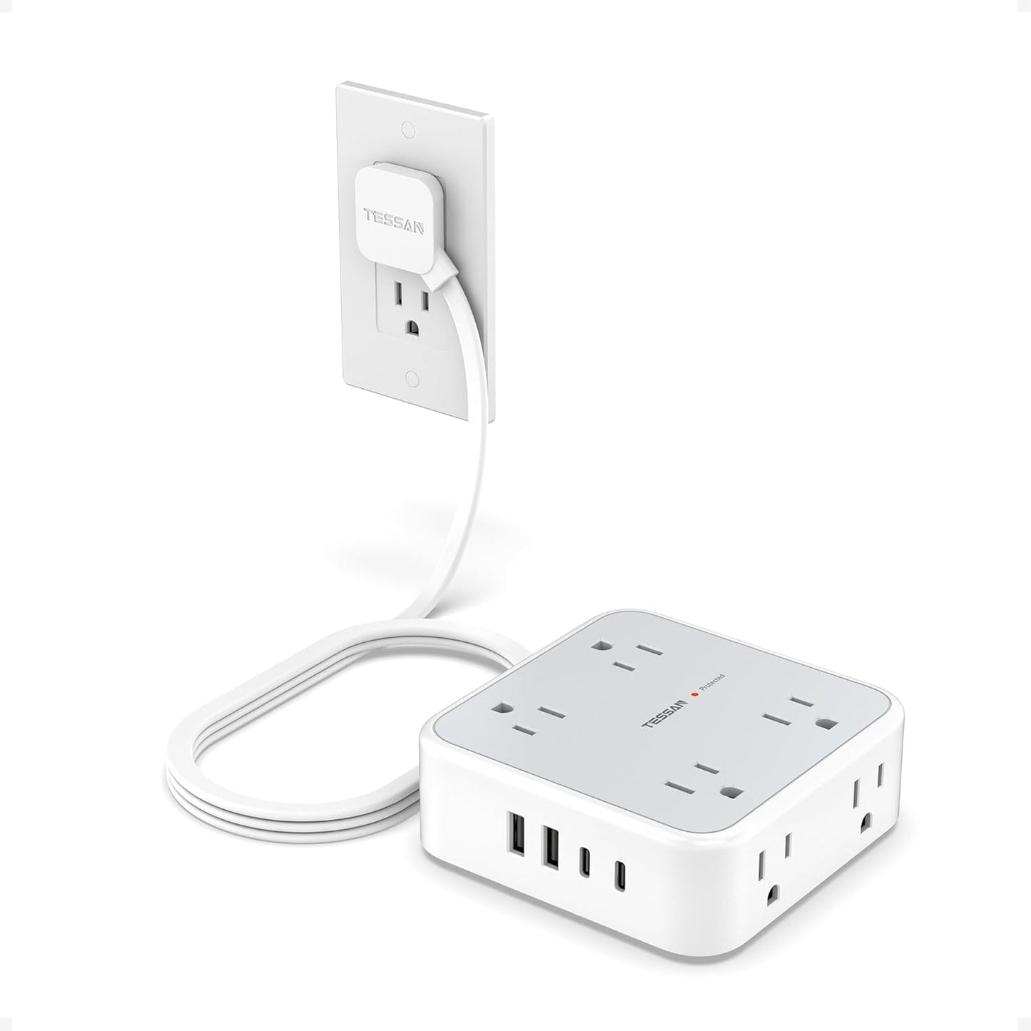 TESSAN Surge Protector Power Strip, 5 Ft Flat Plug Extension Cord with 3 USB (1 USB C) 8 Outlets, 1250W, 900J Protection, 3 Sided Outlet Extender with Power Switch for Office, Dorm Room, Grey