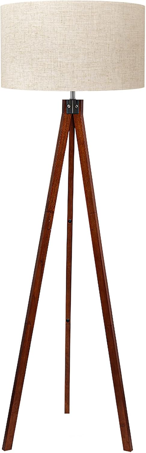 LEPOWER Wood Tripod Floor Lamp, Mid Century Standing Lamp, Modern Design Studying Light for Living Room, Bedroom, Study and Office, Flaxen Linen Shade with E26 Base Brown