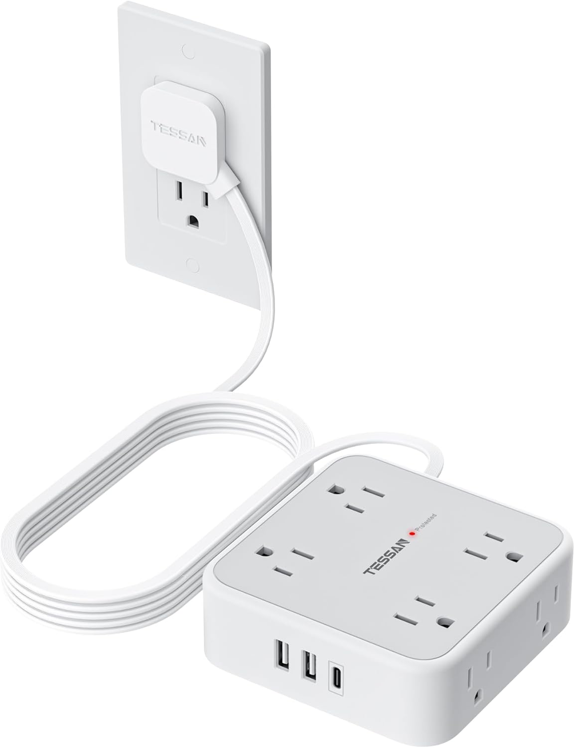 TESSAN 10 Ft Surge Protector Power Strip, 3 USB(1 USB C) 8 Outlets, Flat Plug Extension Cord with Multiple Outlets, 900J Protection, Desk Charging Station for Home, Dorm Room Essentials, Grey