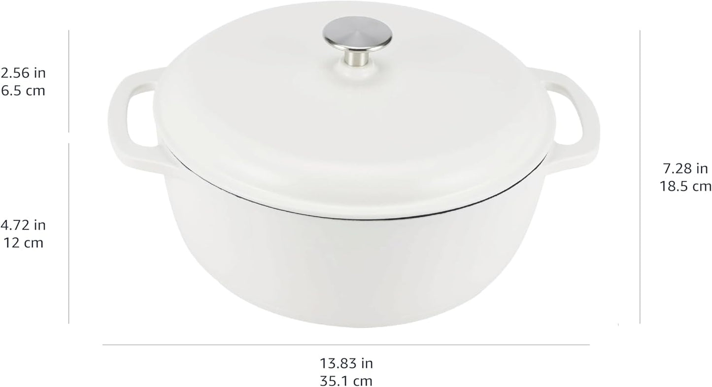 Amazon Basics Enameled Cast Iron Dutch Oven Pot with Lid, Round, Dual Handles, Heavy-Duty, Oven Safe for Stews, Roasting, Baking, 6-Quart, Matte White