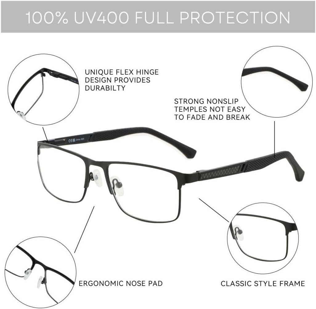 ZENOTTIC Blue Light Reading Glasses for Men Computer Readers Trendy Square Metal Frame Anti Glare