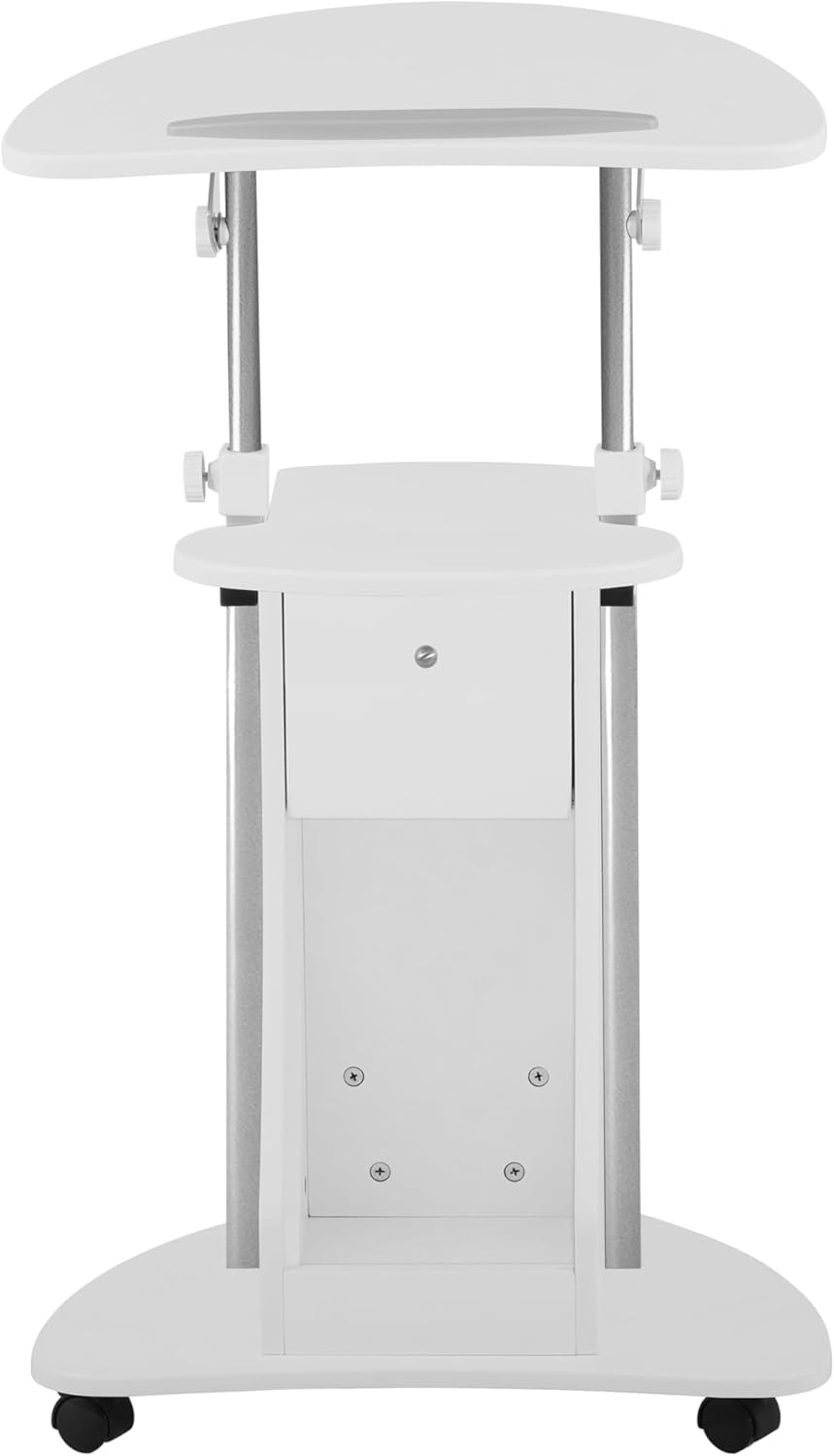 Adjustable Height Rolling Laptop Cart with Storage, Sit to Stand Desk with Wheels, Podium Stand or Medical Cart, White