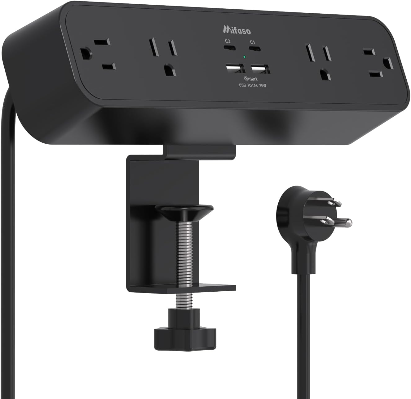 PD30W Desk Clamp Power Strip, Desktop Mount Surge Protector, Fast Charging Station, 5Ft Extension Cord Desk Edge Mount Shelf with 4 Outlets 4 USB Ports (2 USB C), Home Office Accessories Essentials