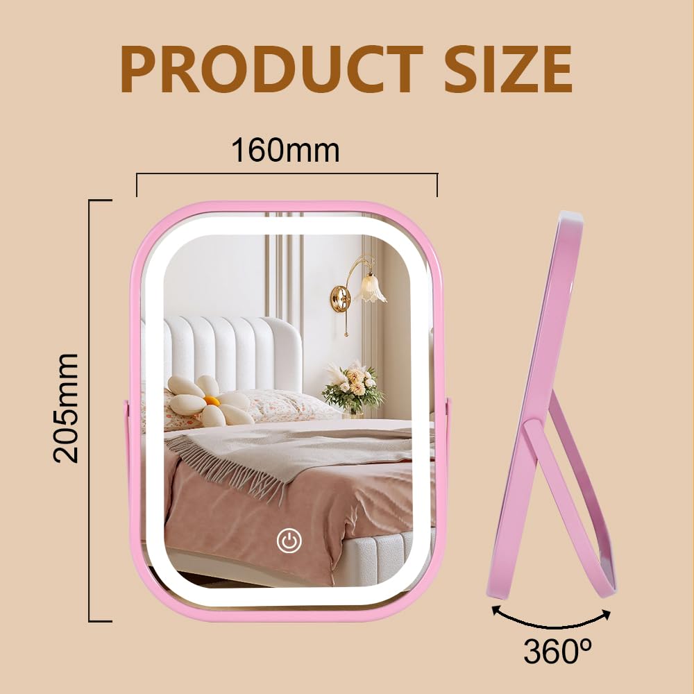 YEKKOPT Lighted Vanity Mirror, Rechargeable Travel Makeup Mirror with Lights, 8''x6'' Desk Mirror with Lights,Make up Mirror with Lighting for Makeup Desk ＆ Dressing Room