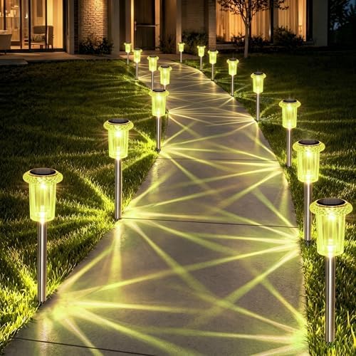 Eyrosa Solar Outdoor Lights Starburst Pattern, 10 Pack High-Visibility Lemon Yellow Housing, Waterproof Stainless Steel Solar Stake Lights for Pathway Garden Yard Walkway Driveway Lawn Outside Decor