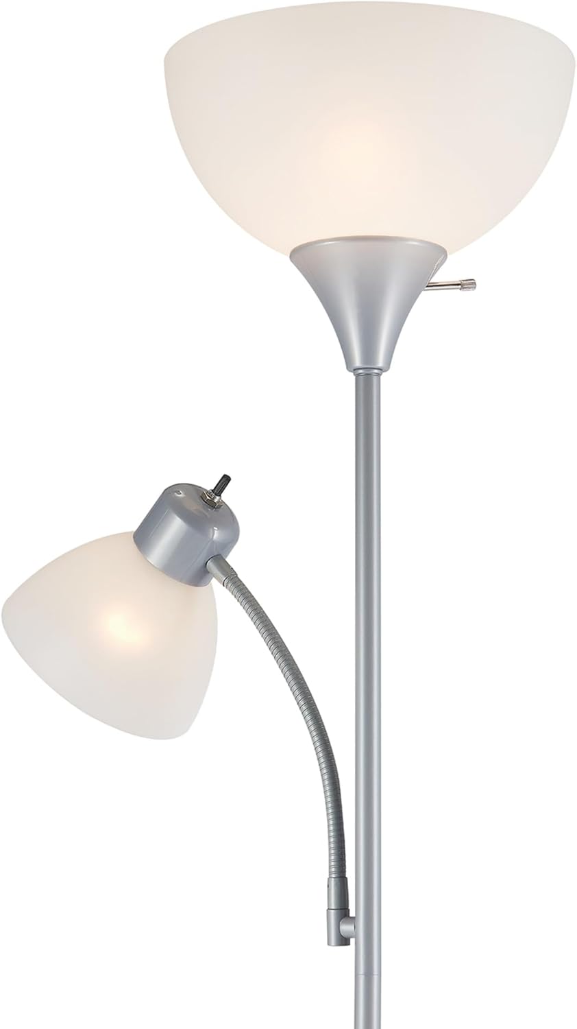Globe Electric 67134 72" Torchiere Floor Lamp and Adjustable Reading Light, Silver, Frosted Shade, Dual Rotary Switch, 3-Step Dimming, Modern Lighting for Living Room or Office, Timeless