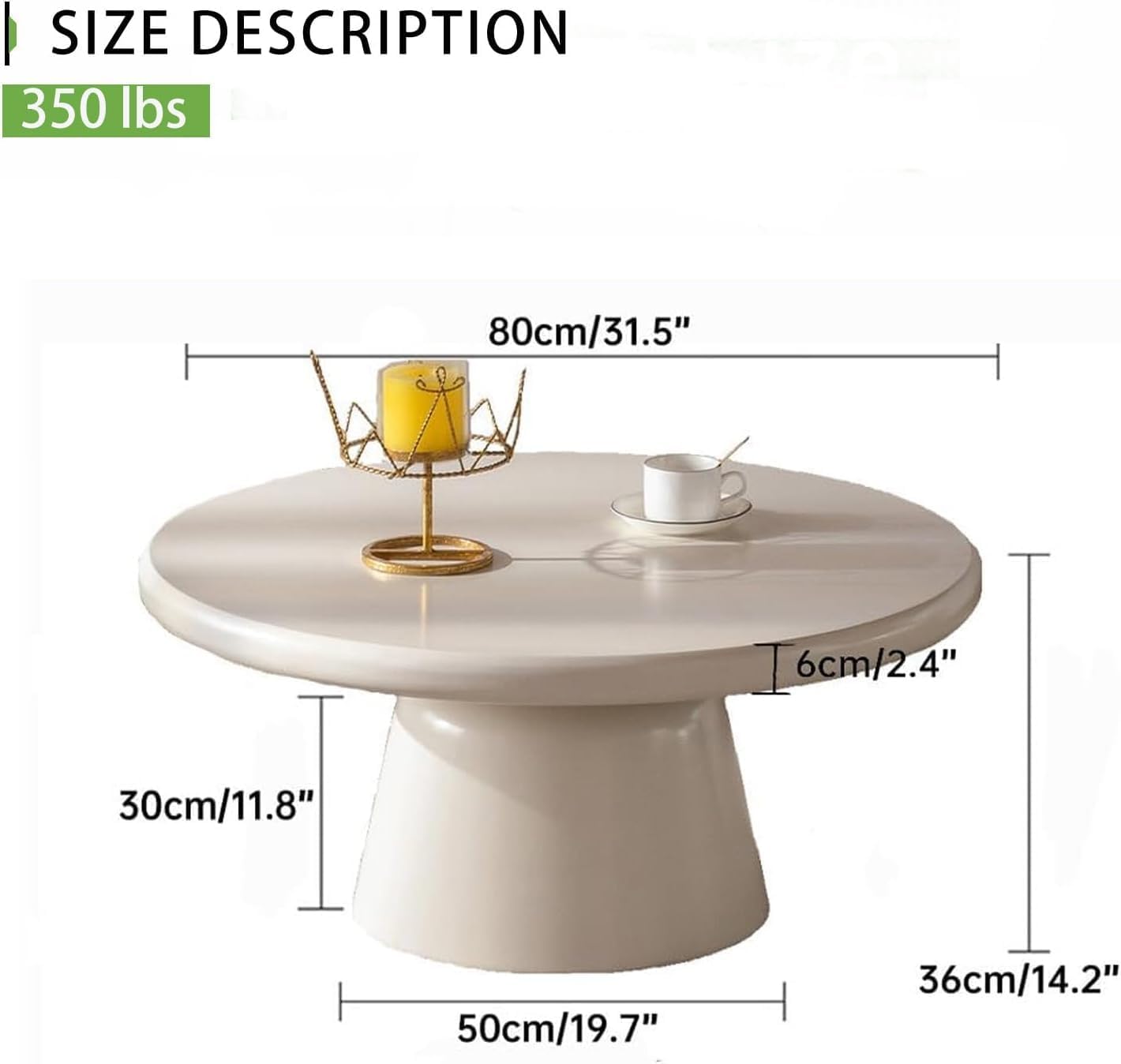 White Round Coffee Table (White 31in) | Cream Irregular Coffee Tables, Unique Pedestal Funky Cute Center with Large Tabletop & Legs, Irregular circular Coffee Table