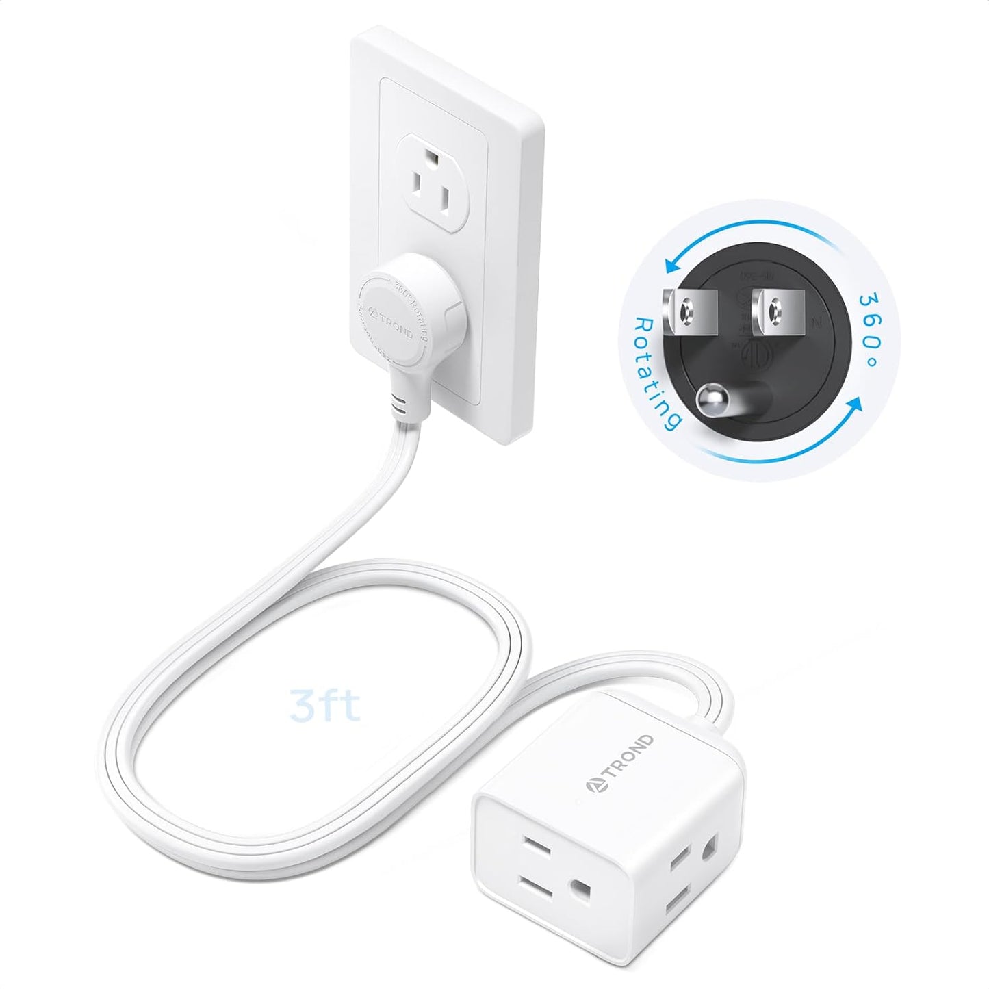 TROND Flat Extension Cord 6ft with 360° Rotating Plug, ETL Listed 3 Prong Power Strip, Low Profile Three Outlets, 13A, SPT 16/3 Gauge, Small for Tight Spaces Indoor Home Office Cruise Travel, White