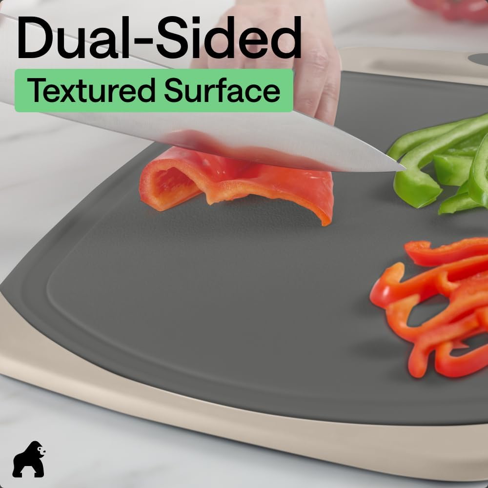 GORILLA GRIP BPA-Free Reversible Kitchen Cutting Board Set of 3, US Designed, Nonporous, Juice Grooves Catch Liquid, Slip Resistant Border, Dishwasher Safe, Durable Food Chopping Boards, Gray Almond