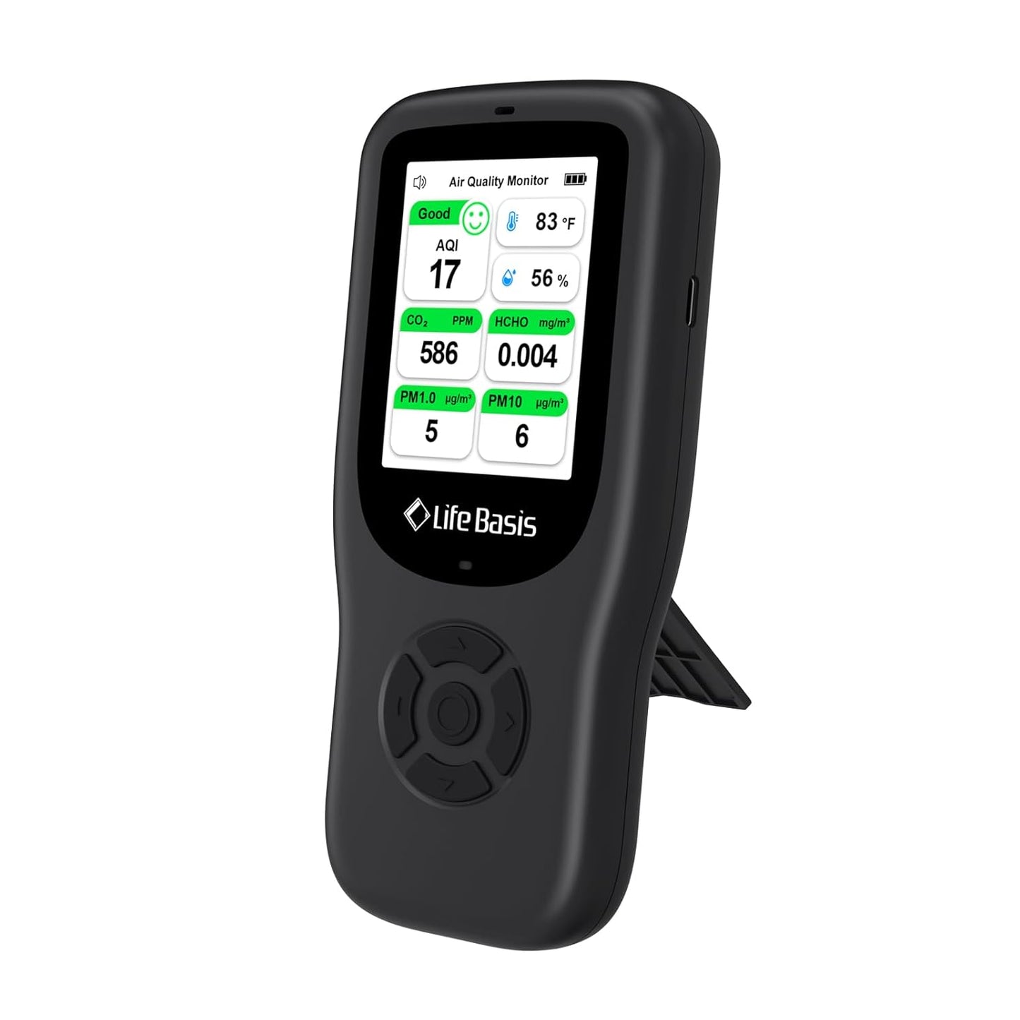 LifeBasis Air Quality Monitor Indoor, 11-in-1 Air Quality Detector with Stand, Air Meter Test AQI, PM1.0, PM2.5, PM10, CO2, TVOC, HCHO, Particles, Temperature and Humidity with Alert