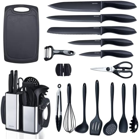 RAXCO Kitchen Utensils Set For Cooking,7 Cooking Utensils,5 Kitchen accessories,6 Knife set,utensilios de cocina,Black
