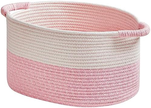 R RUNKA Storage Baskets for Organizing | 15"x10.2"x9.1" - 1 Pack Nursery Bin with Handles - Woven Cotton Rope Baskets for Dog Toys, Books, Shelf, Bathroom,Closet -Pink Basket for Girls