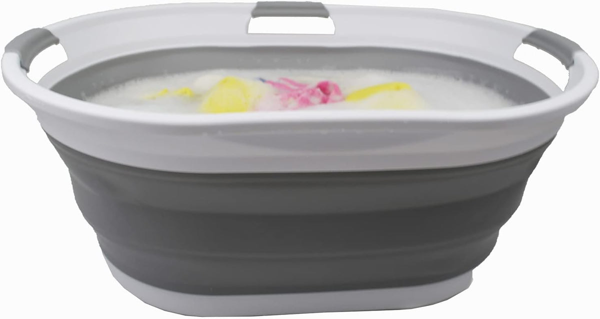 SAMMART 44L Collapsible Plastic Laundry Basket - Foldable Pop Up Storage Container/Organizer - Portable Washing Tub - Water Capacity: 35L(1, White/Grey), Size : 25.4 x 17.8 x 10.6 inches