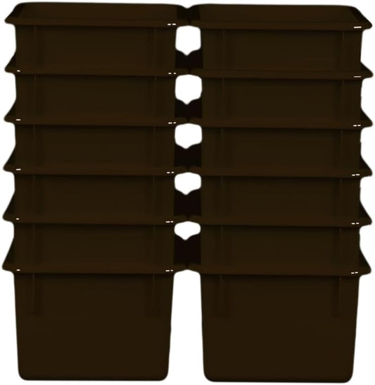 Wood Designs Cubby Storage Bin, Heavy Duty Plastic Containers for Kids Brown Cubby Tray Set of 12