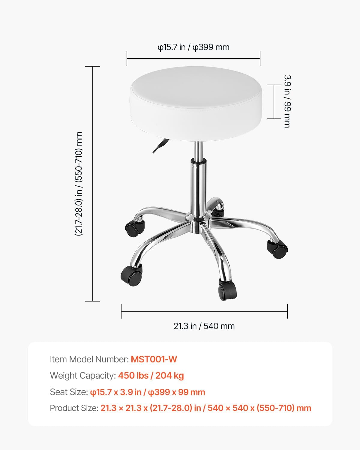 VEVOR Rolling Stool with Wheels, 450 LBS Weight Capacity Round Rolling Stool Chair, Height Adjustable Thickened PU Leather Swivel Stool for Salon, Spa, Massage, Tattoo, Clinic, White