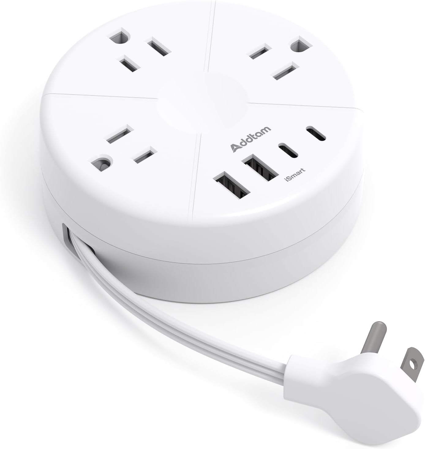 Addtam Travel Esstentials - Cruise Approved Power Strip with 5ft Retractable Cord, Ultra Thin Flat Plug, 3 Outlets 4 USB (2 USB C), Non Surge Protector for Travel/Cruise/Home/Dorm/Office, ETL Listed