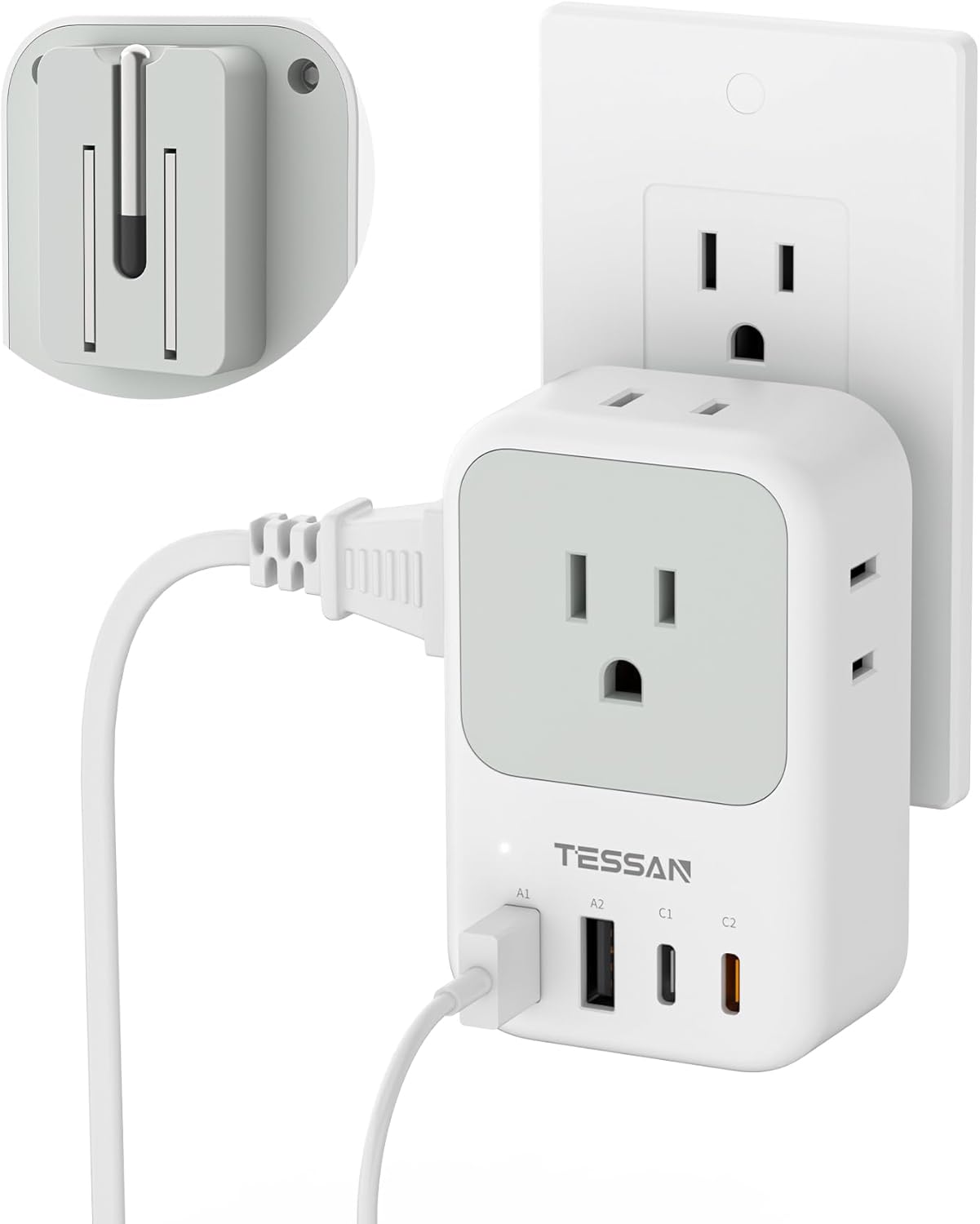 TESSAN USB C Charger Block 20W PD, Fast Charging Adapter with Foldable Plug, 1875W Power Outlet Extender(4 AC and 4 USB) for Cruise, Home, Office, Dorm Room Essentials, Grey