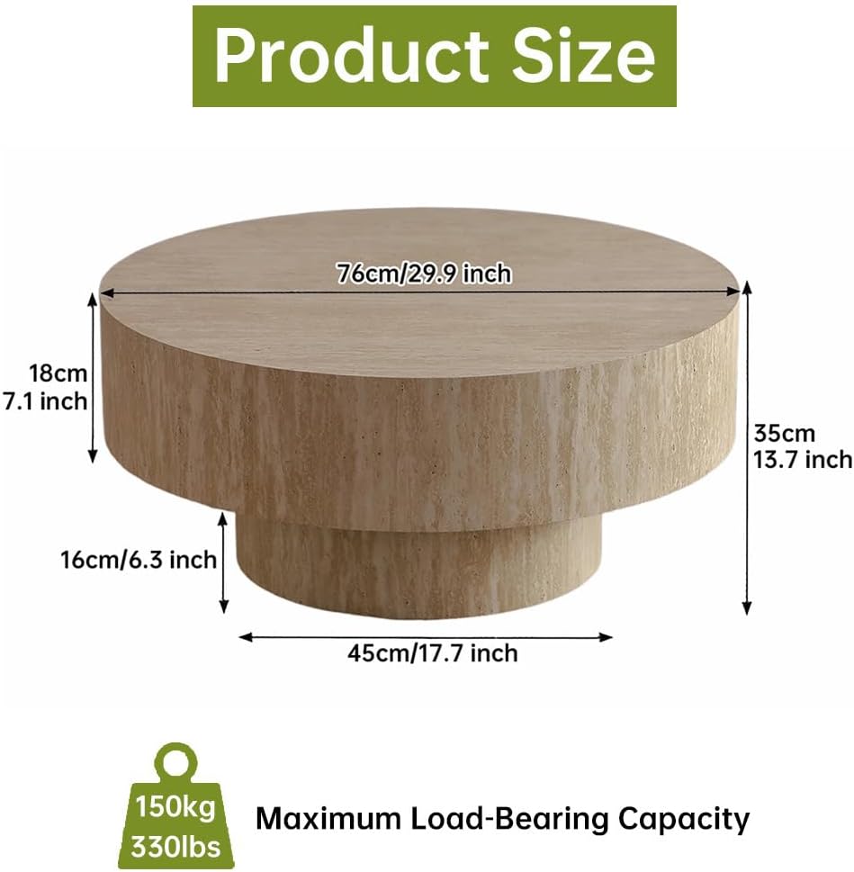 Round Fluted Coffee Table (Circle Travertine 29.9in) | Round Drum Coffee Table for Living Room Modern Circular Pedestal Center Table