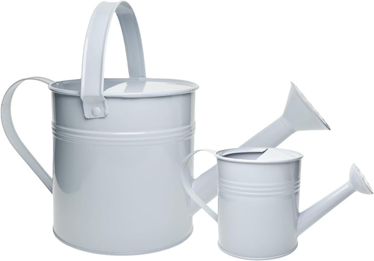 Small Metal Watering Can Set, Pink, 1.2L and 0.23L Garden Cans with Long Spout, Indoor Outdoor Plant Care (White)