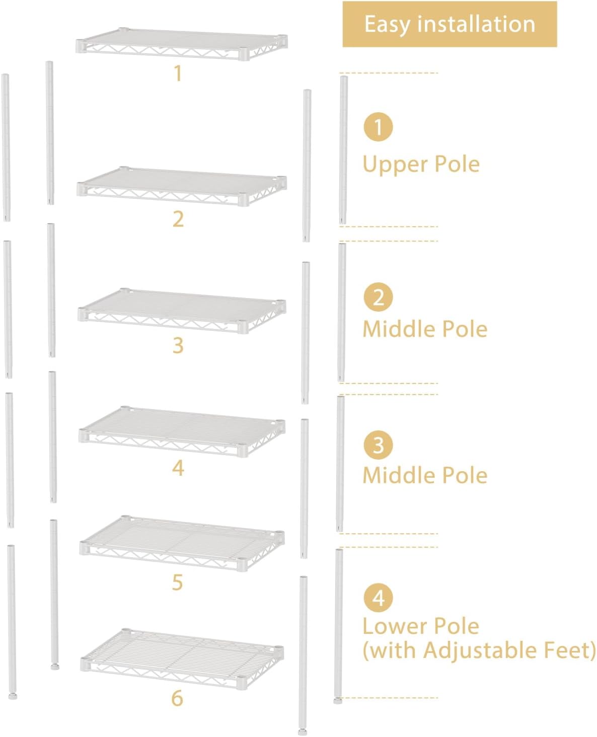 SINGAYE 6 Small Shelf Storage Wire Shelves Closet Bathroom Organizers Metal Pantry Kitchen Garage Shelving Unit Laundry Room Organization Home Narrow Rack Net Basket with Wheels White