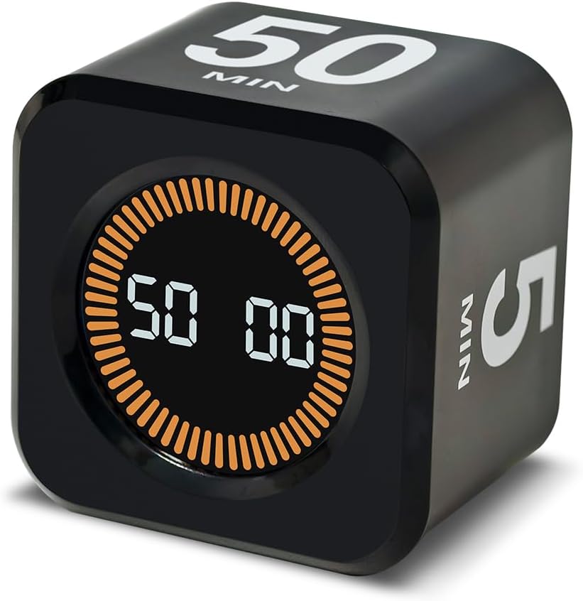 Visual Rotating Timer with 5, 10, 25 50 Minutes Preset, Desk Cube Count Down/up Timer, Rechargeable Custom-time Mute/Sound, Ideal for ADHD Work Learning Kitchen, Black