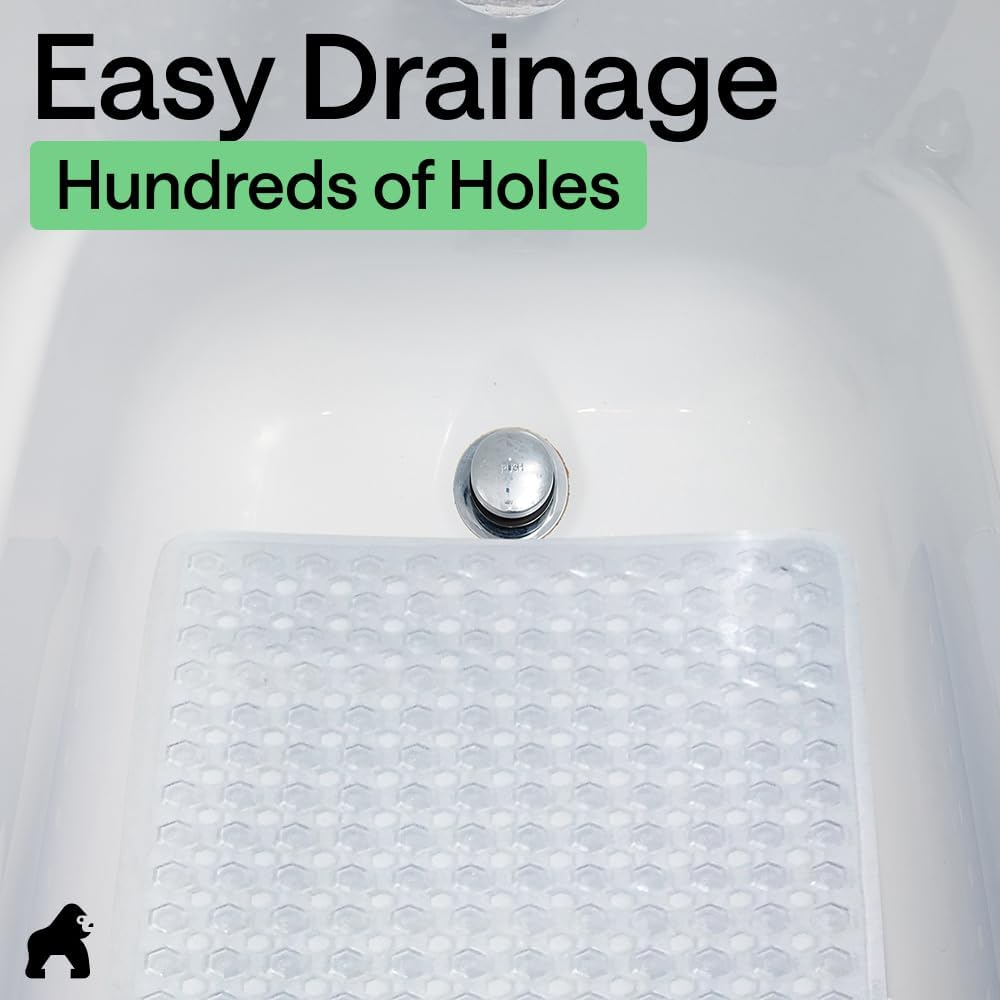 GORILLA GRIP Patented Bath Tub Shower Mat, Machine Washable Bathtub Floor Liner Mats, Suction Cups and Drain Holes to Keep Tubs Clean, Soft on Feet, Bathroom Essentials, 35x16 Inch, Clear