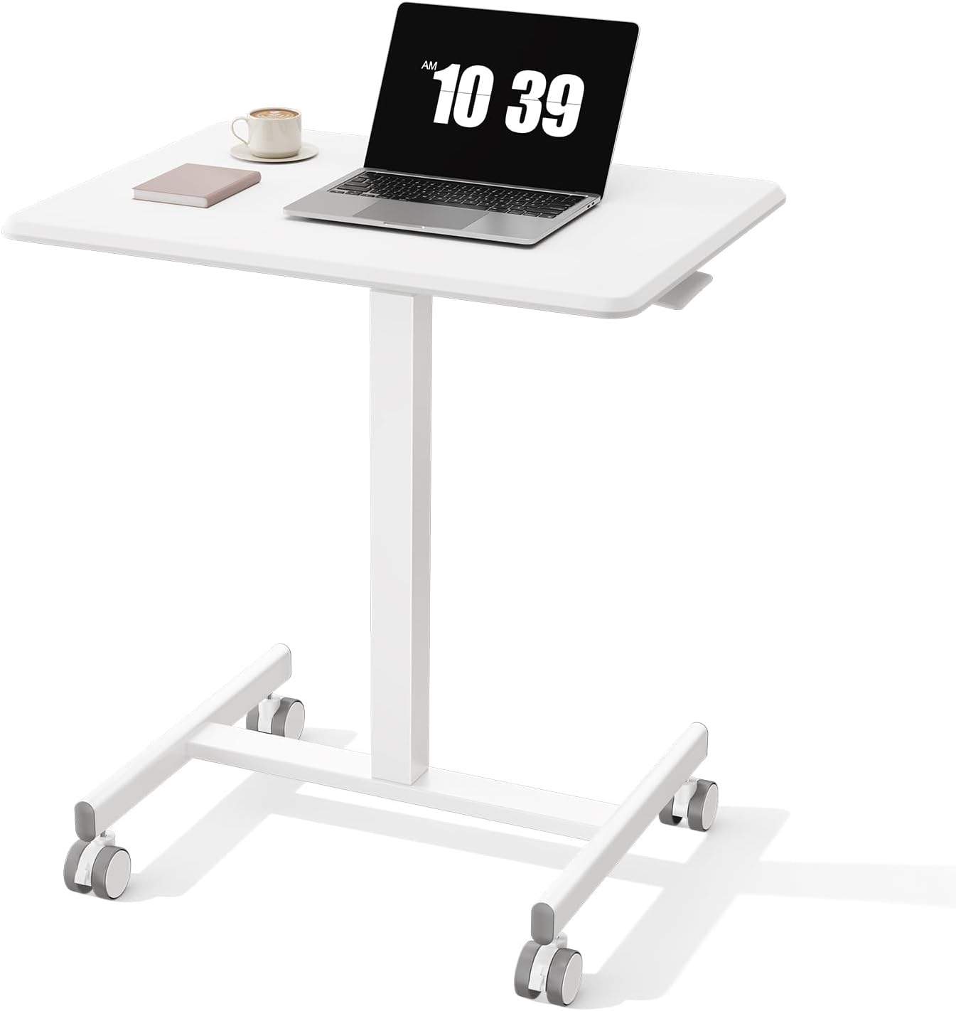 OLIXIS Mobile Rolling Desk with Wheels Small Standing Laptop Desks Portable Pneumatic Adjustable Height Sit Stand Table Computer Workstation for Home Office White