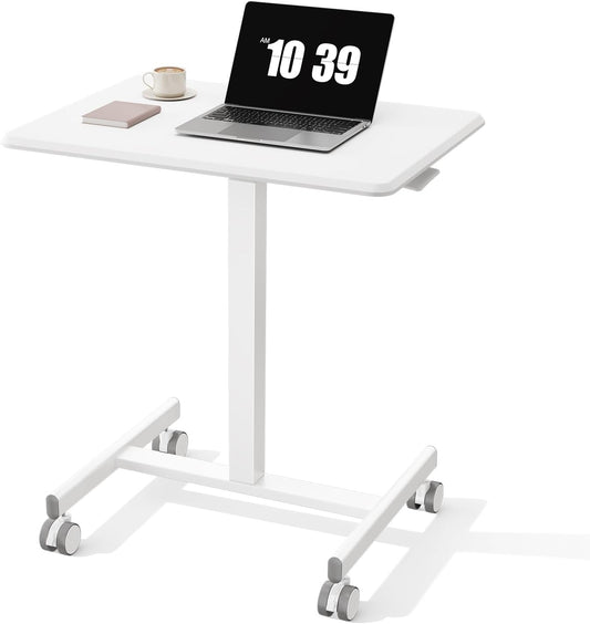 OLIXIS Mobile Rolling Desk with Wheels Small Standing Laptop Desks Portable Pneumatic Adjustable Height Sit Stand Table Computer Workstation for Home Office White