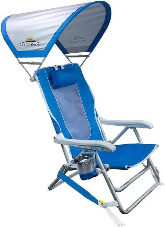 GCI Outdoor Sunshade Backpack Beach Chair | Reclining Folding Canopy Chair with Durable Armrests, Drink Holder & Carry Straps, Perfect for Beach Trips & Picnics — Saybrook Blue
