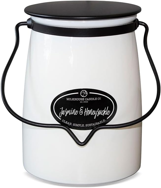Milkhouse Jasmine & Honeysuckle Soy Candle, 22 oz Butter Jar, 120+ Hr Burn