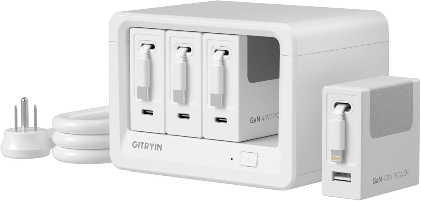 Gitryin 12-in-1 Desktop Charging Station with 3 Retractable Type-C Chargers and 1 Lightning Charger, 160W USB-C Charging Hub with 33.5in Cable, 4 AC, 1 USB A Port, 3 USB C Ports, White