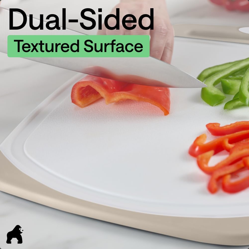 GORILLA GRIP BPA-Free Reversible Kitchen Cutting Board Set of 3, US Designed, Nonporous, Juice Grooves Catch Liquid, Slip Resistant Border, Dishwasher Safe, Durable Large Food Chopping Boards, Almond