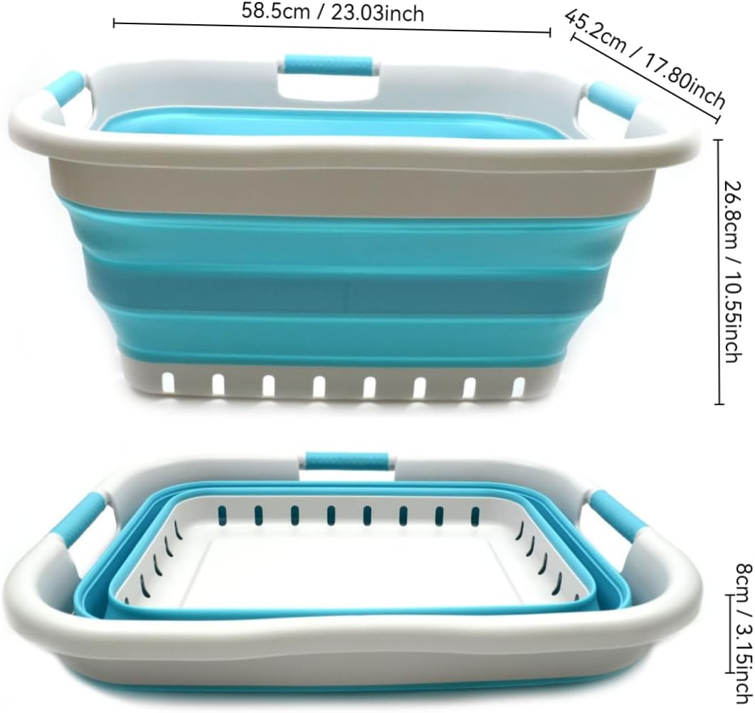 SAMMART 41L (10.8 gallon) Collapsible Plastic Laundry Basket - Foldable Pop Up Storage Container/Organizer - Portable Washing Tub - Space Saving Hamper/Basket (3 handled rectangular, Grey/Bright Blue)