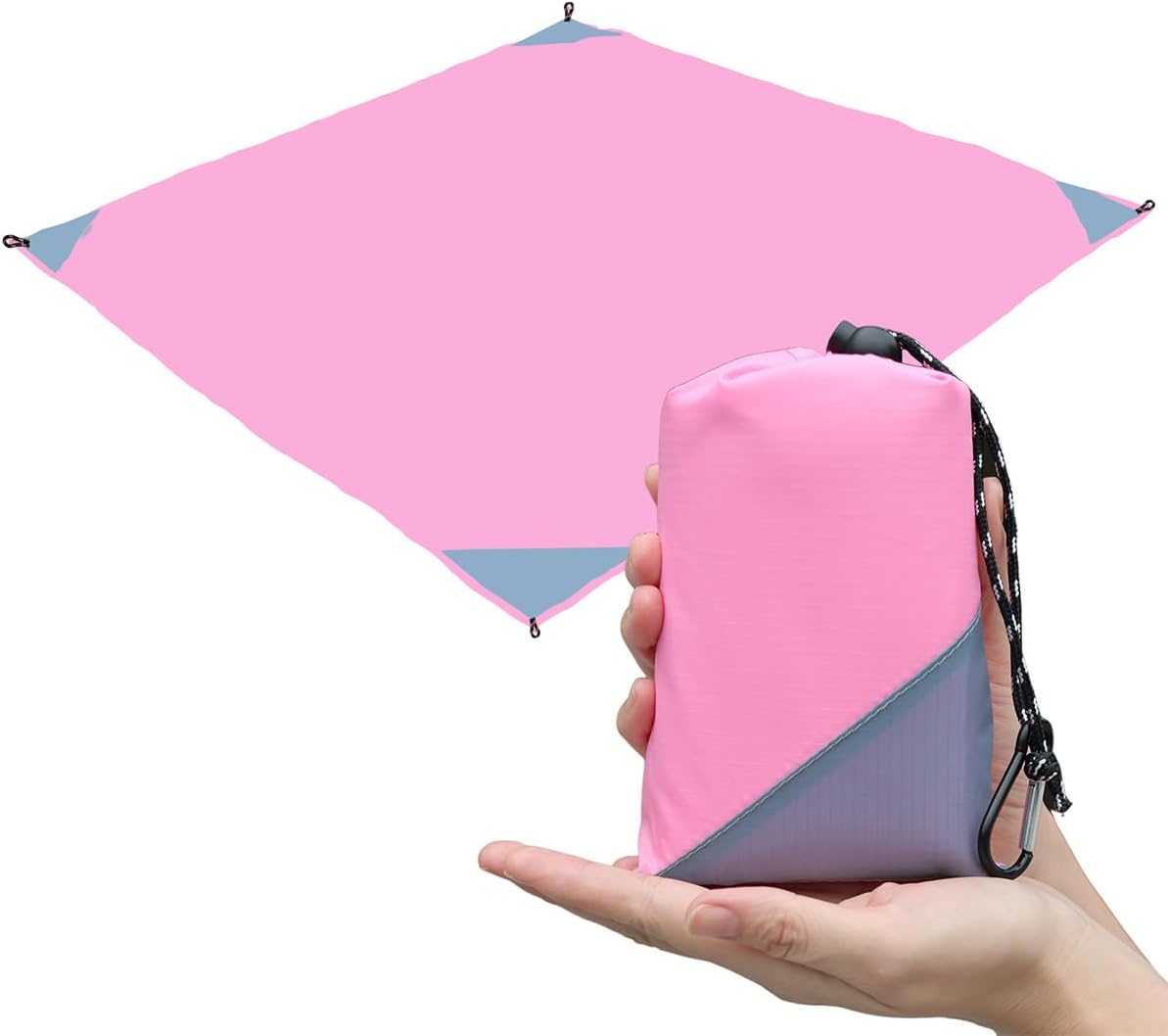 Orga'Neat Pocket Picnic Blanket, Beach Mat Waterproof Sandproof, Compact Lightweight Small Tarp for Camping, Hiking, Backpacking, Festival, Travel, Foldable in Bags (Pink/Grey, 55"x60")
