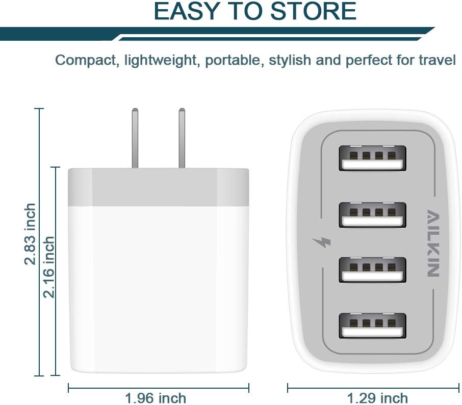 USB Charger Adapter, 2-Pack AILKIN 4.8A 4-Muti Port Phone Wall Plug Fast Charging Block Box for iPhone 17 16 15 14 13 12 Pro Max 11 SE 10 XR XS, Samsung Galaxy, Moto, LG, Pixel, Power Cube Base Brick