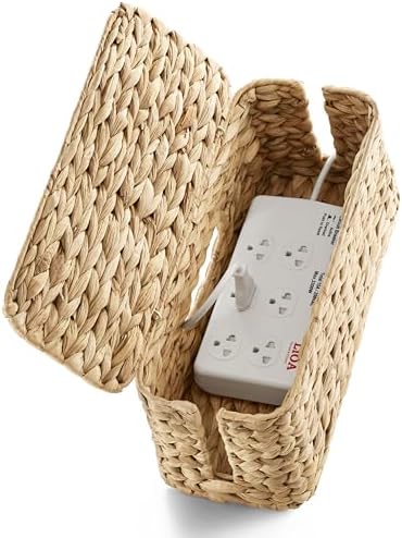 TIDITA 15" L Wicker Cable Management Box with Lid, Natural Water Hyacinth | 2 Cable Slots, Protective Lid, For Standard Power Strip, No Assembly Required Cable Organizer Box, Desk Cord Hider for Office