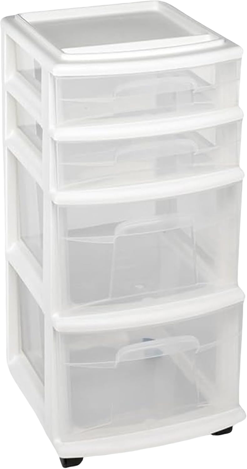 HOMZ Drawer Tower, 4-Tier Clear Plastic Storage Organizer Cart, White Frame - Rolling Drawers with Wheels for Desk, Dresser, Cabinet, Bedroom, Bathroom, Classroom, and Office Organization